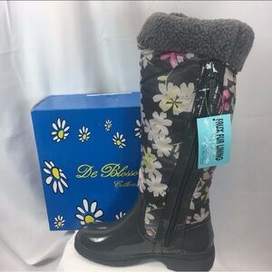 De Blossom Collection Black and Pink Floral Winter Boots